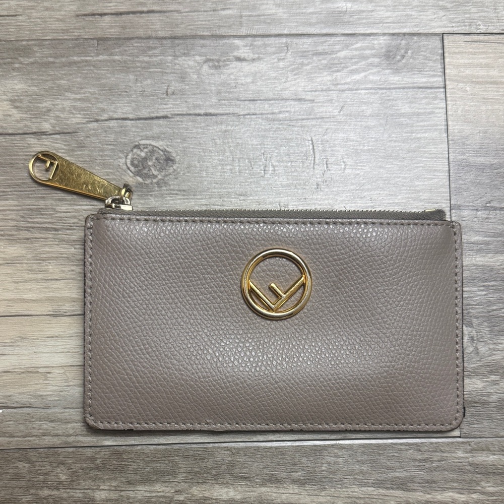 Fendi Zip Card Holder Gray Leather Wallet Gold Logo Coin Case